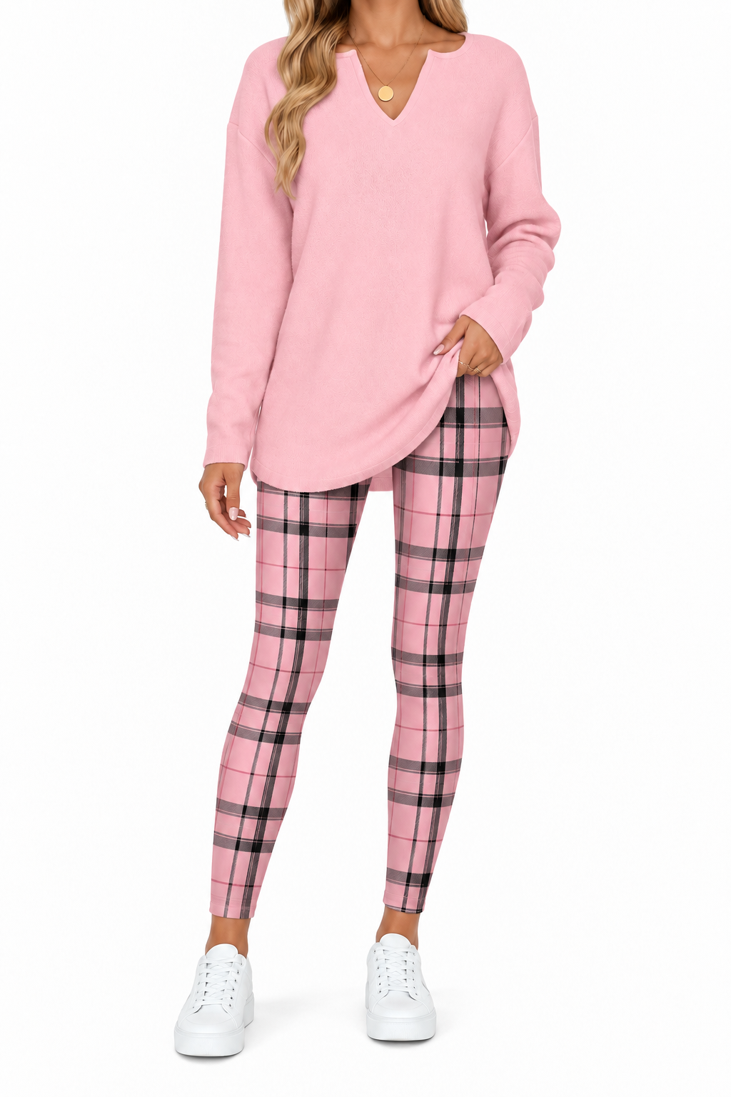 Women's 2-Piece Lounge Set – Top & Plaid Leggings